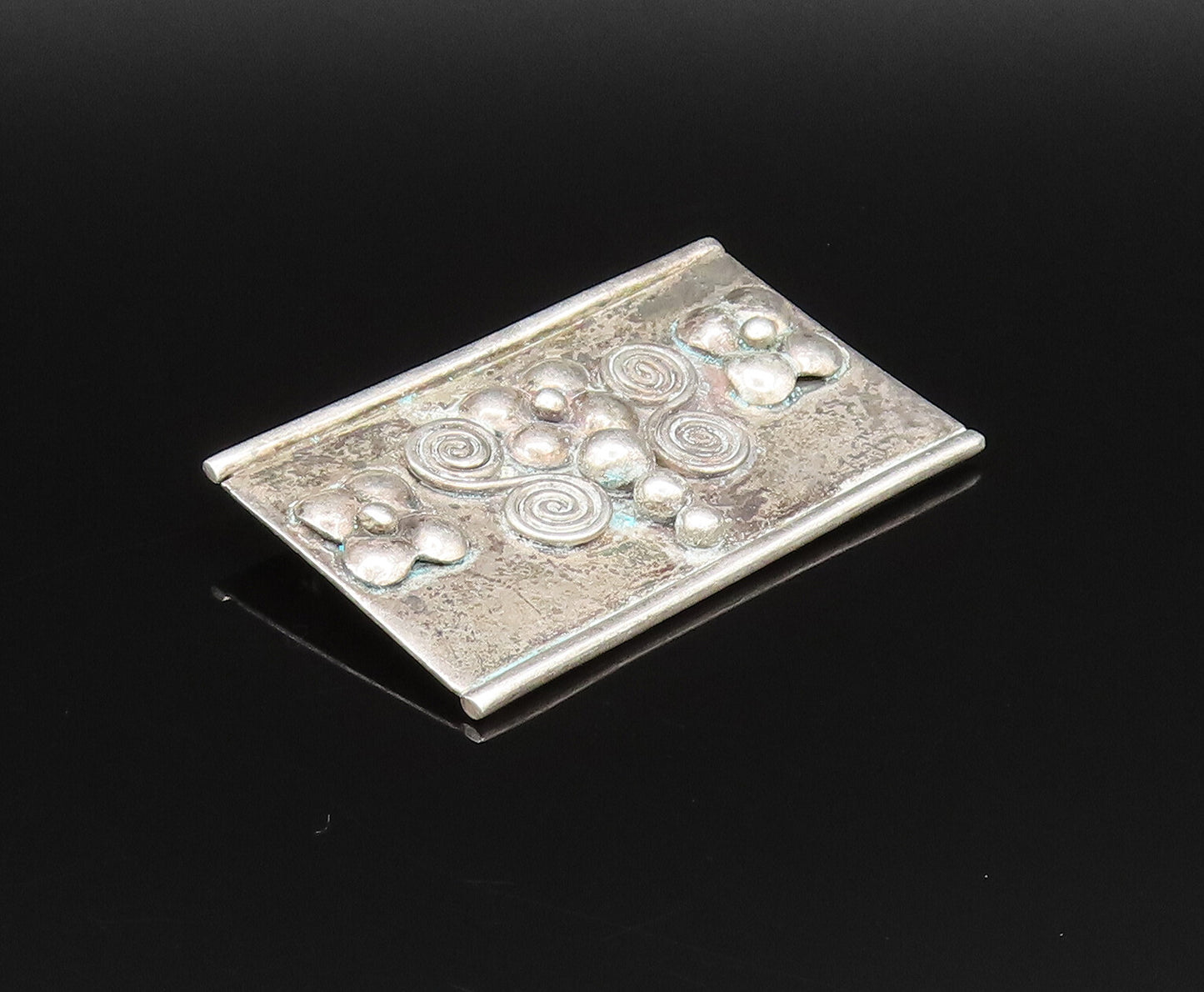 925 Silver  Vintage Floral Beaded & Spirals Rectangle Brooch Pin  BP9700