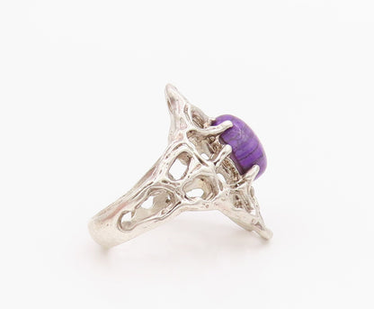 925 Sterling Silver Vintage Ring Brutalist Cutout Cabochon Amethyst Sz 6 RG33221