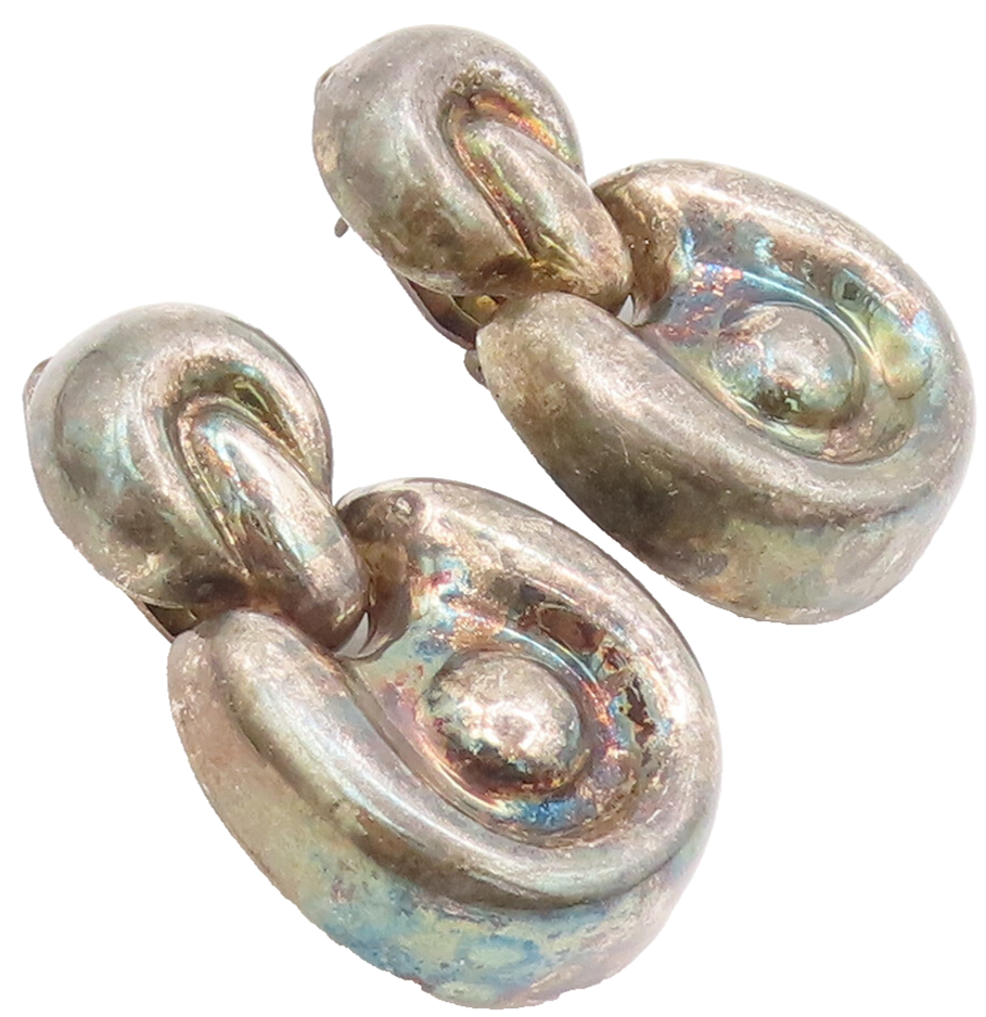925 Sterling Silver  Vintage Solid Puffed Carved Designer Earrings  EG12744