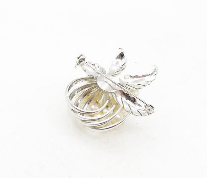 925 Sterling Silver  Vintage Pearls Floral Leaf Swirl Shiny Brooch Pin  BP3366