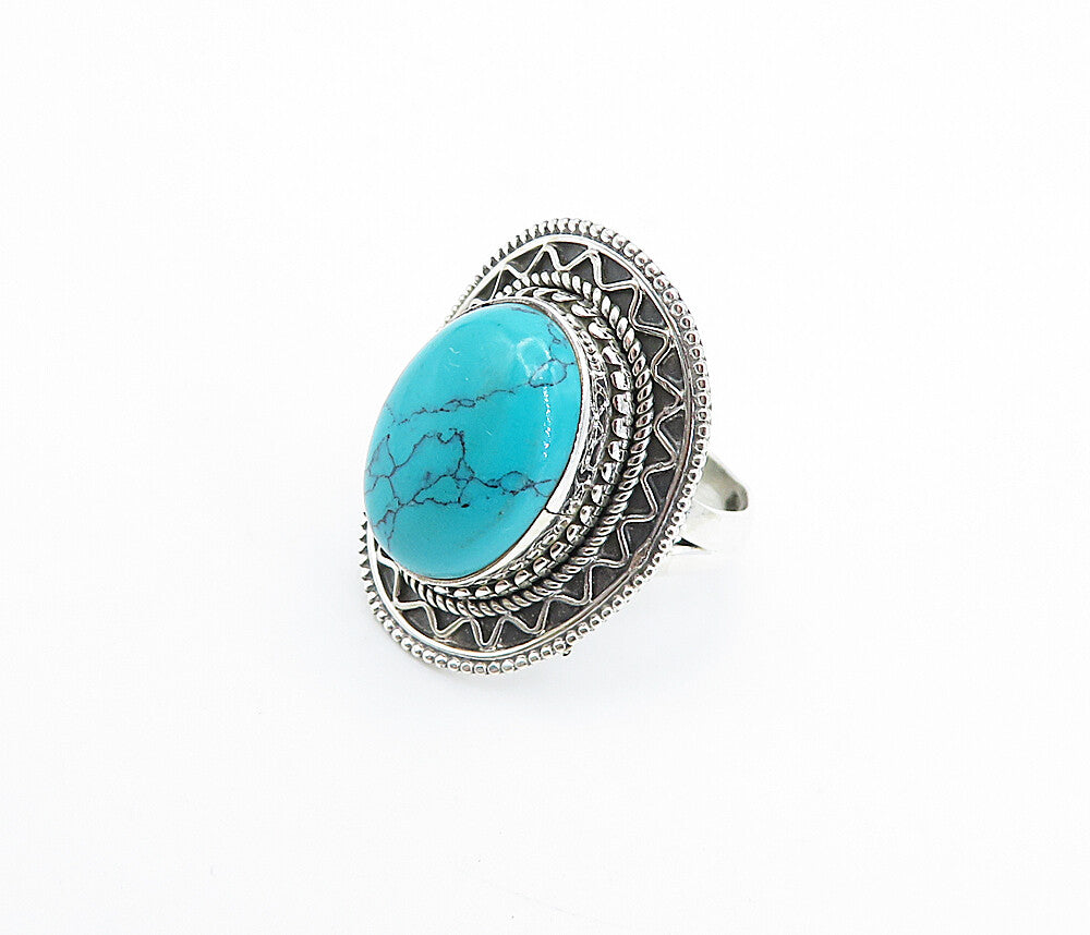 925 Sterling Silver  Turquoise Shiny Swirl Border Cocktail Ring Sz 7  RG7918