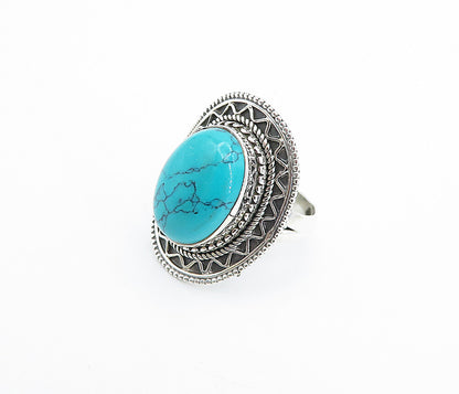 925 Sterling Silver  Turquoise Shiny Swirl Border Cocktail Ring Sz 7  RG7918