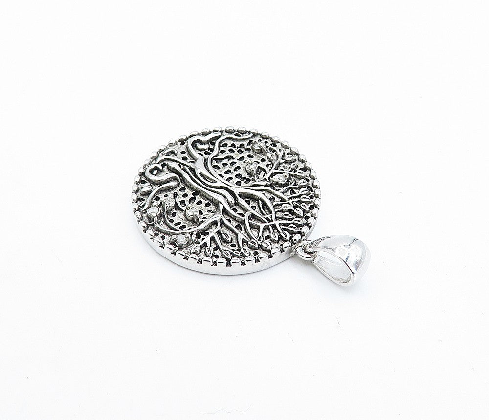 925 Sterling Silver Vintage Genuine Diamonds Tree Of Life Pendant PT2716