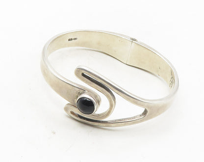 MEXICO 925 Silver  Vintage Cabochon Black Onyx Hinge Bangle Bracelet  BT4181