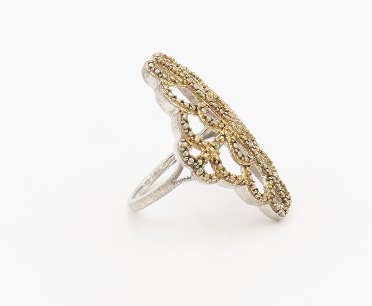 925 Sterling Silver  Vintage Gold Plated Swirly Beaded Loop Ring Sz 6  RG27476