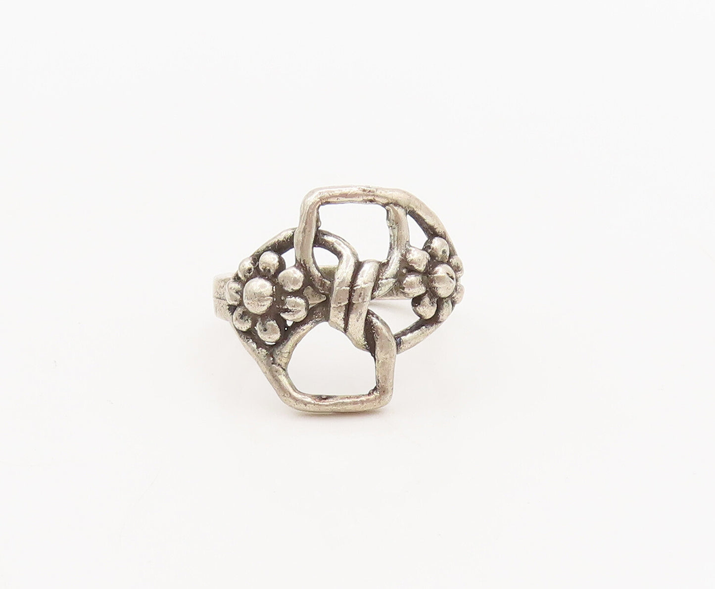 925 Sterling Silver  Vintage Stencil Cutout Flower Bow Ring Sz 4  RG27284