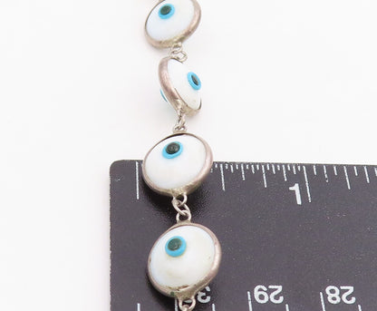 925 Sterling Silver Vintage Bracelet White Evil Eye Enamel Bead Link  BT11821