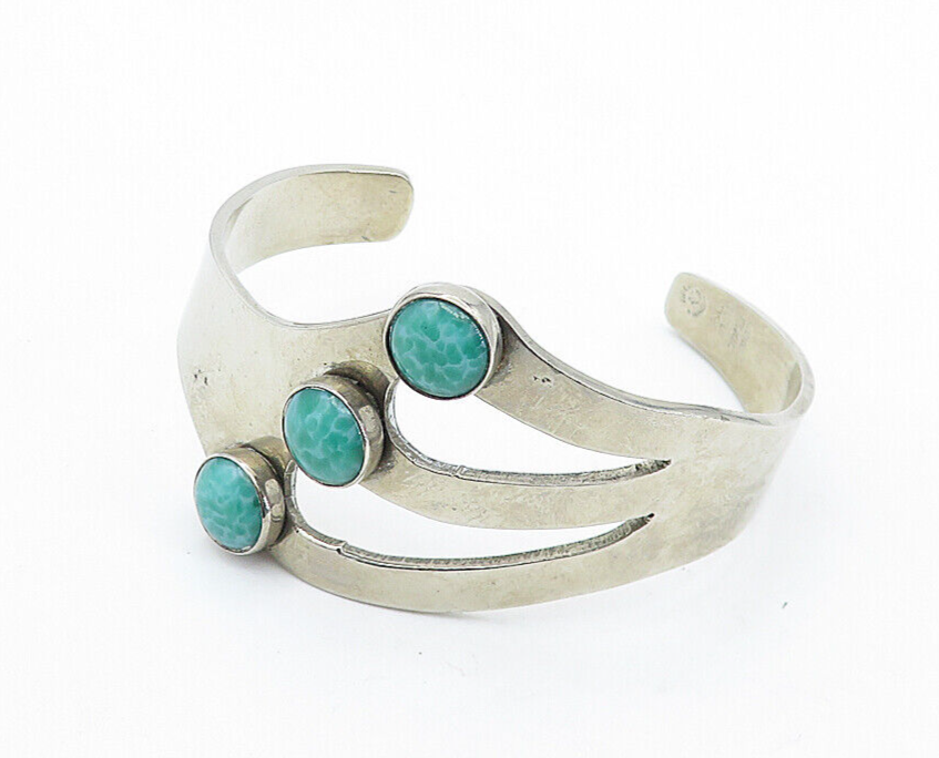 MEXICO 925 Sterling Silver Vintage Malachite Cutout Cuff Bracelet BT2662