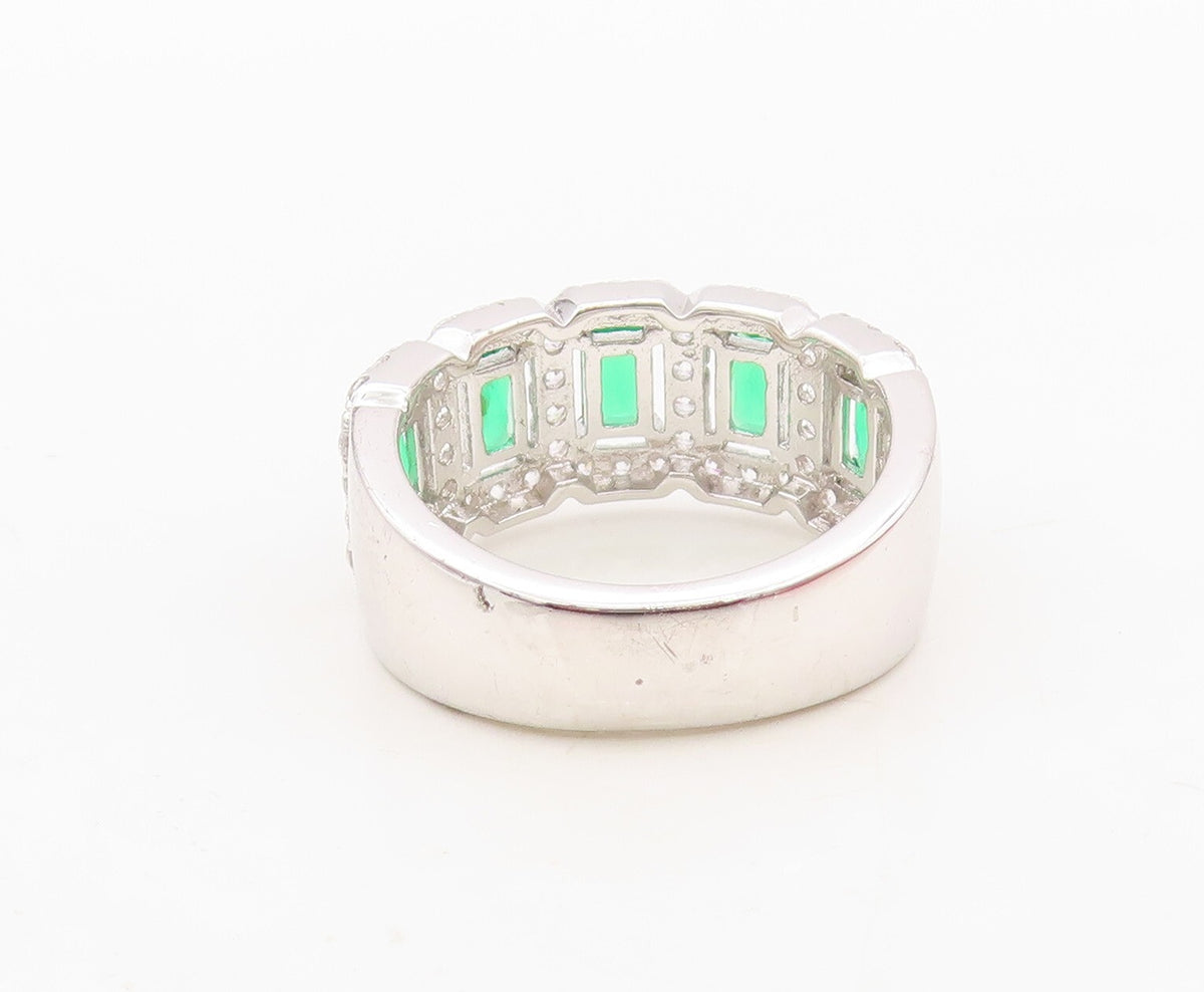 925 Sterling Silver Vintage Ring Rectangle Green Halo White CZ  Sz 7.5  RG30483