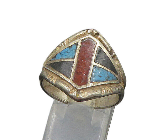 ZUNI NAVAJO 925 Silver  Vintage Turquoise Onyx & Coral Band Ring Sz 9  RG22891