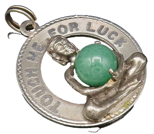 925 Sterling Silver  Vintage Touch Me For Luck Jade Medal Pendant  PT21758