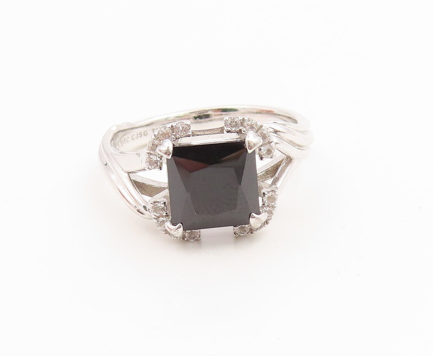 925 Sterling Silver Vintage Ring Elegant Onyx & CZ Twisted Band  Sz 9  RG35879