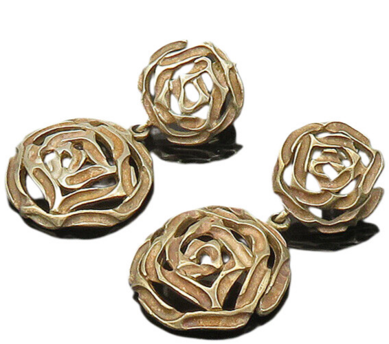 925 Sterling Silver  Vintage Rose Flowers Motif Dangle Earrings  EG10808