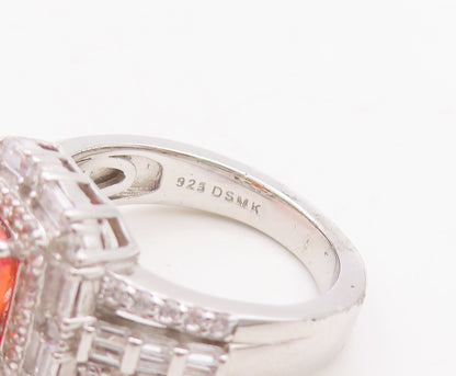 925 Sterling Silver Vintage Ring Rectangle Cut Orange & White CZ  Sz 7  RG29448