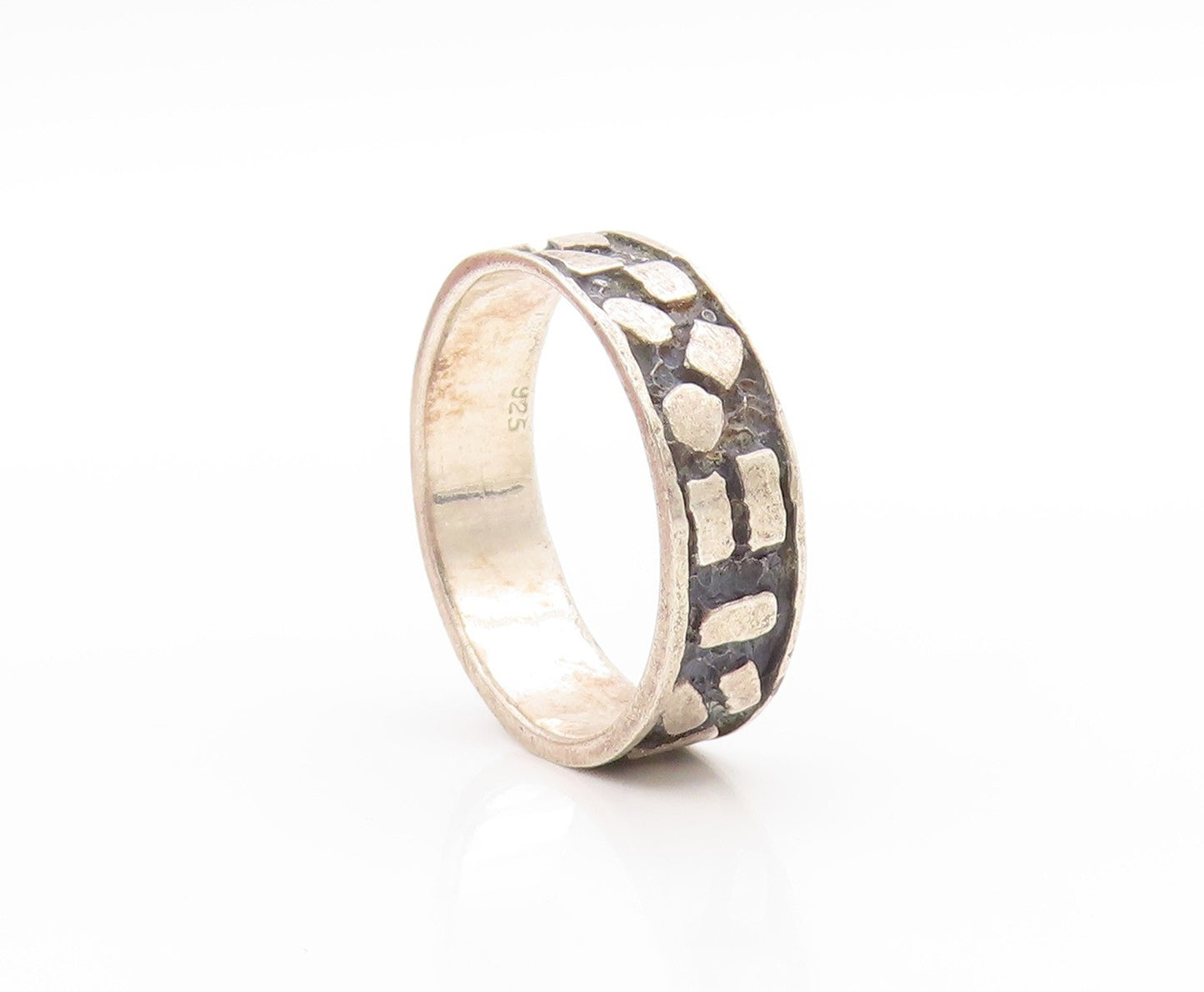 925 Sterling Silver Vintage Ring Modernist Hammered Abstract Band Sz 9.5 RG33759