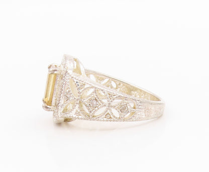 925 Sterling Silver Vintage Ring Rectangle Cut Citrine Halo CZ  Sz 7  RG33226