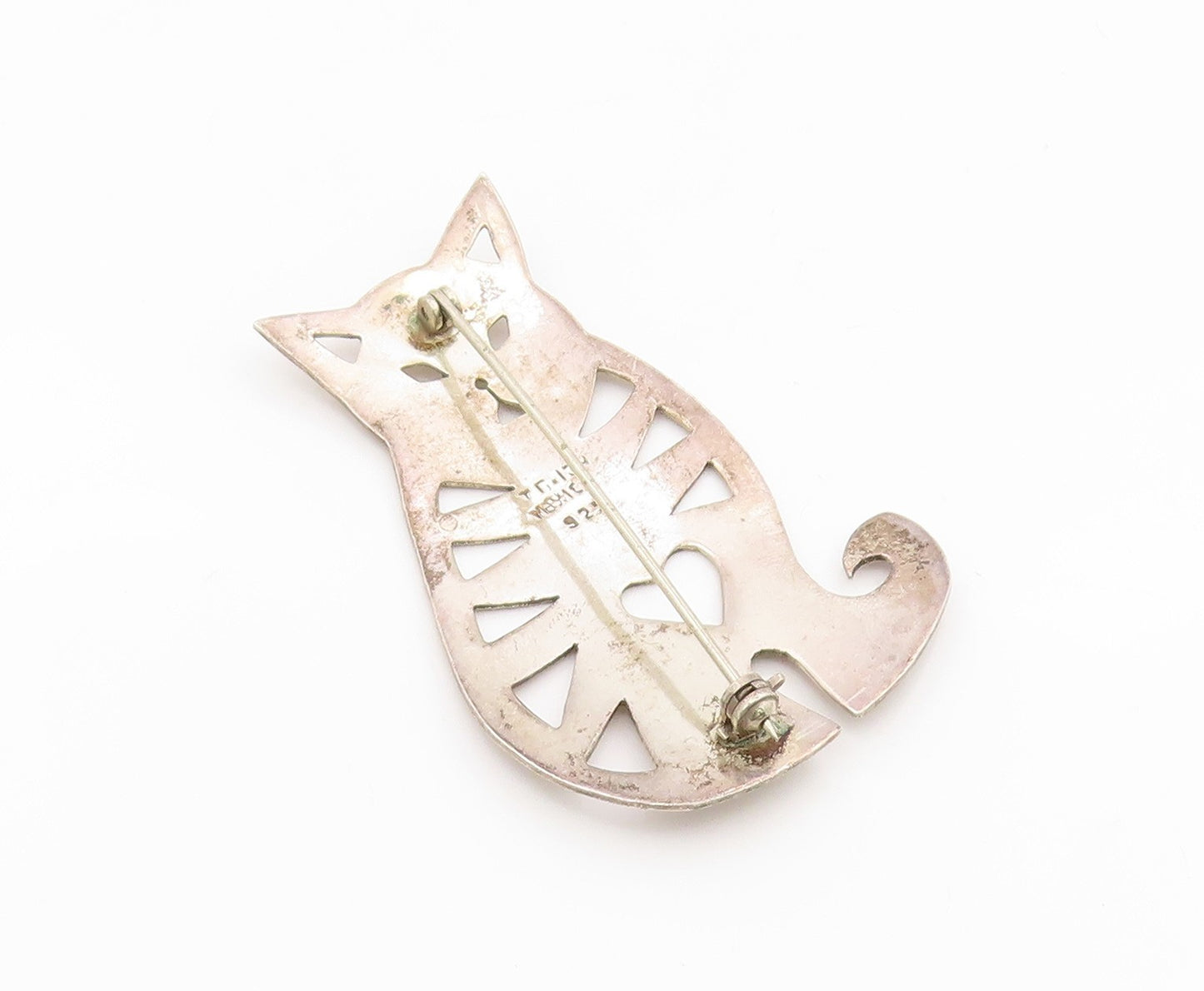 925 Sterling Silver Vintage Brooch MEXICO Love Heart Cutout Kitten Pin  BP12132