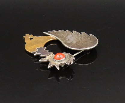 925 Sterling Silver Vintage Two Tone Bird With Carnelian Eye Brooch Pin BP9586