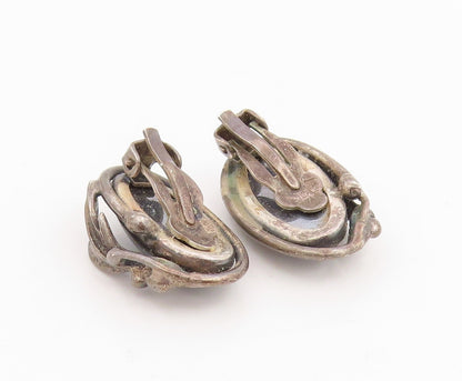 925 Sterling Silver Vintage Earrings Hematite Carved Leaf Motif Clip On  EG14102