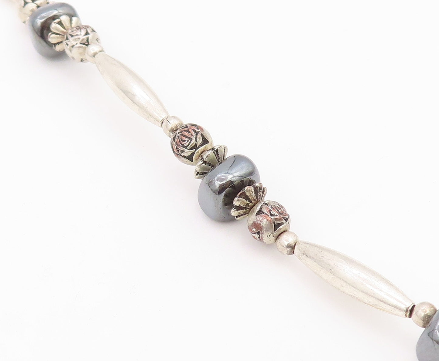 925 Sterling Silver  Vintage Engraved Ball Hematite Layered Necklace  NE3879
