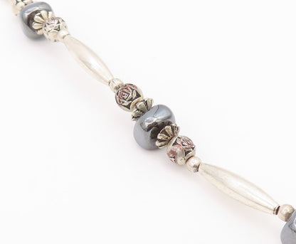 925 Sterling Silver  Vintage Engraved Ball Hematite Layered Necklace  NE3879