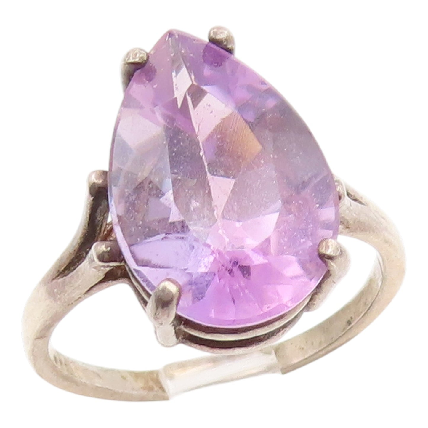 925 Sterling Silver Vintage Ring Pear Cut Amethyst Solitaire Band Sz 7.5 RG35839