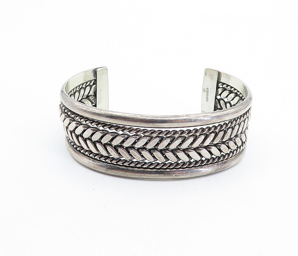 925 Sterling Silver  Vintage Dark Tone Wheat Twist Detail Cuff Bracelet BT2423