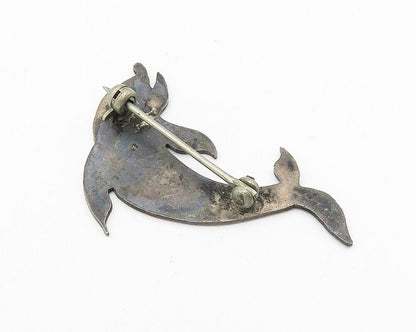 925 Sterling Silver  Vintage Oxidized Leaping Dolphins Brooch Pin  BP4204