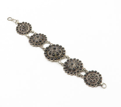 925 Sterling Silver  Vintage Black Onyx Floral Motif Chain Bracelet  BT5985