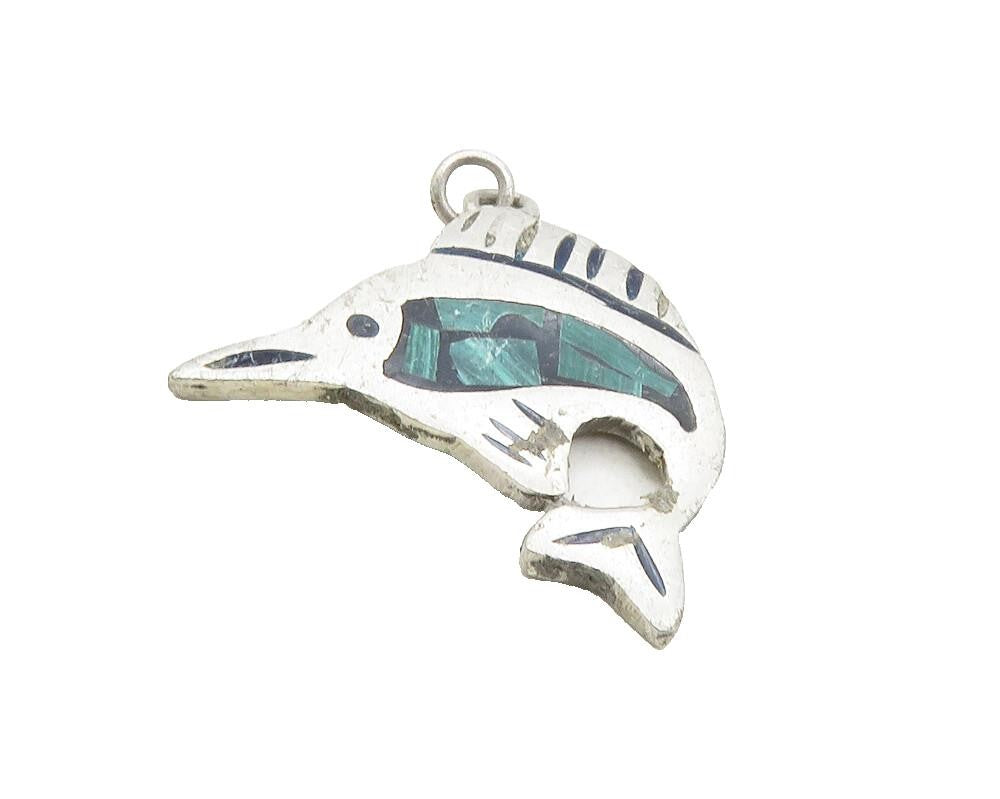 925 Sterling Silver  Vintage Malachite Mosaic Fish Motif Drop Pendant  PT7832