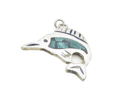 925 Sterling Silver  Vintage Malachite Mosaic Fish Motif Drop Pendant  PT7832