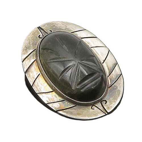 MEXICO 925 Sterling Silver  Vintage Face Carved Black Onyx Brooch Pin  BP7684