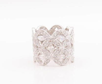 925 Sterling Silver Vintage Ring Broad Band Floral Cutout CZ Inlay Sz 7  RG29032
