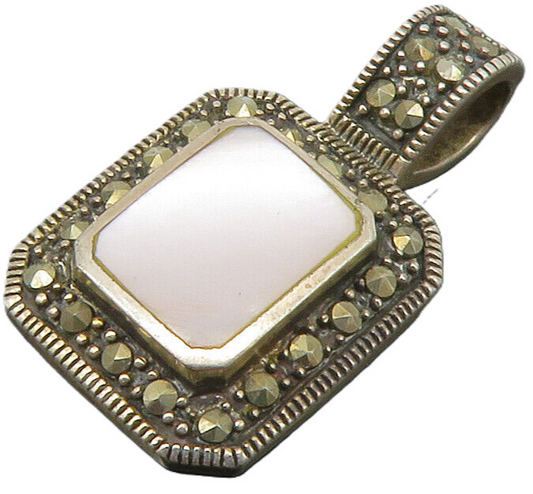 925 Sterling Silver  Vintage Mother Of Pearl & Marcasite Pendant  PT11313