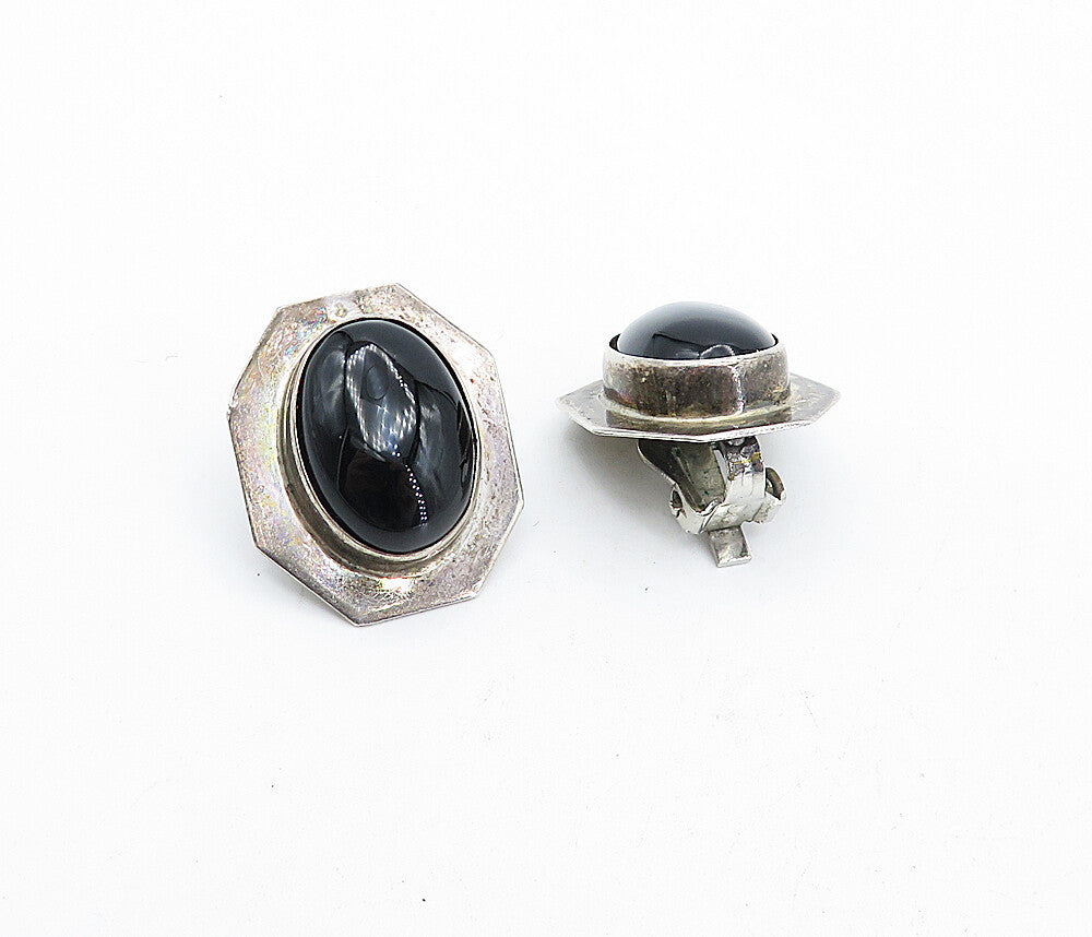 925 Sterling Silver  Vintage Cabochon Black Onyx Non Pierce Earrings  EG2153