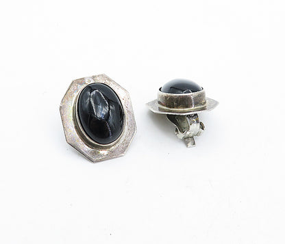 925 Sterling Silver  Vintage Cabochon Black Onyx Non Pierce Earrings  EG2153