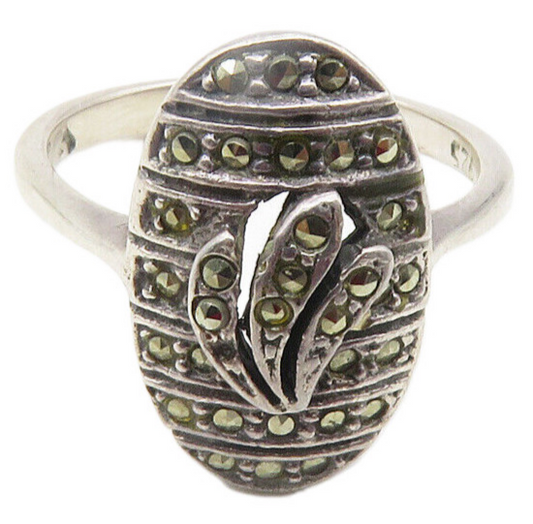 925 Sterling Silver  Vintage Marcasite Floral Motif Band Ring Sz 6  RG11775