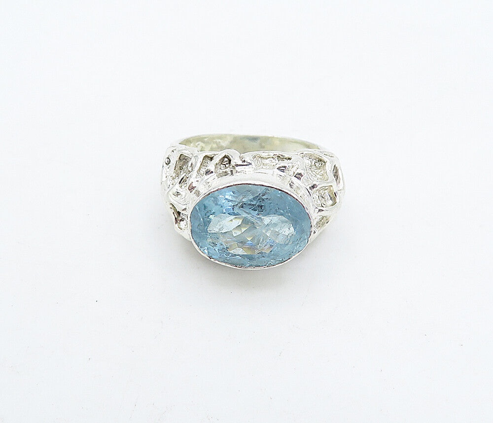 925 Sterling Silver  Blue Topaz Sculpted Band Cocktail Ring Sz 7.5  RG4536