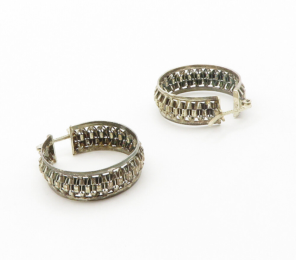 925 Sterling Silver  Vintage Dark Tone Wire Link Design Hoop Earrings  EG7599
