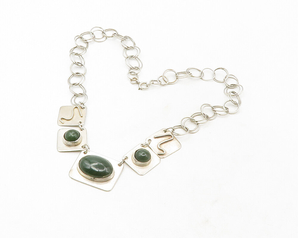925 Sterling Silver  Vintage Cabochon Cut Green Jasper Chain Necklace  NE2149