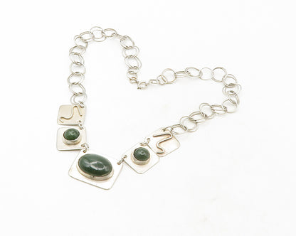925 Sterling Silver  Vintage Cabochon Cut Green Jasper Chain Necklace  NE2149