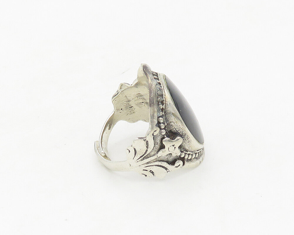 925 Silver  Vintage Black Onyx Floral Adjustable Cocktail Ring Sz 7.5  RG17553