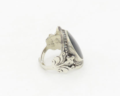 925 Silver  Vintage Black Onyx Floral Adjustable Cocktail Ring Sz 7.5  RG17553