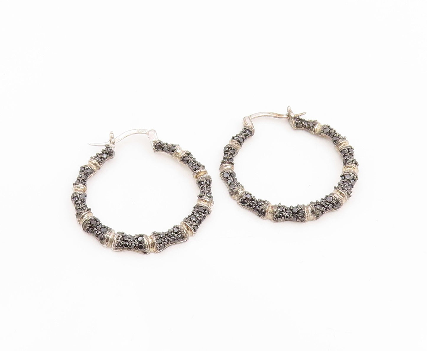 925 Sterling Silver Vintage Earrings Black Spinel Bamboo Style Hoops  EG14351