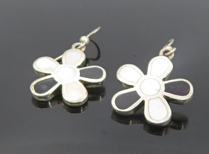 925 Silver  Vintage Mother Of Pearl & Black Onyx Flower Dangle Earrings EG3783