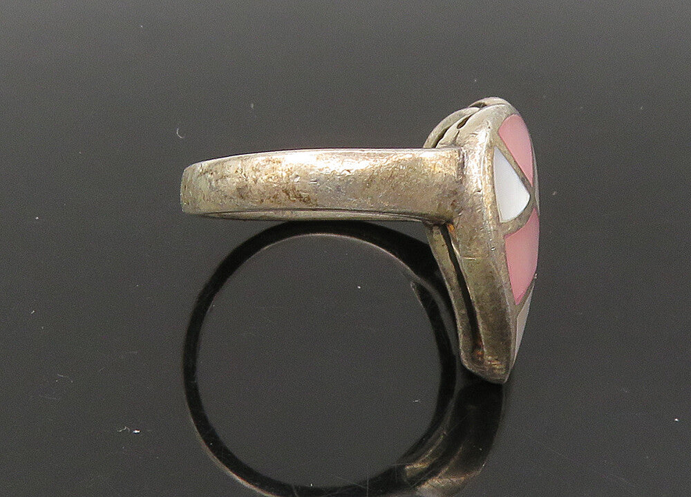 925 Sterling Silver  Vintage Mother Of Pearl Heart Cocktail Ring Sz 6  RG22541