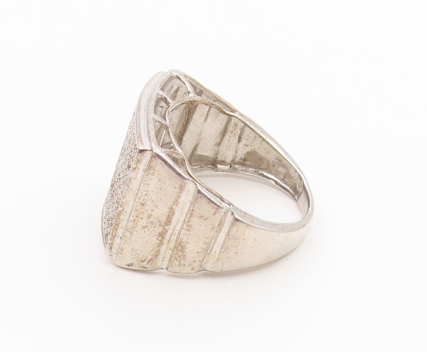 925 Sterling Silver Vintage Ring Real Diamonds Pave Statement Band Sz 8 RG36795