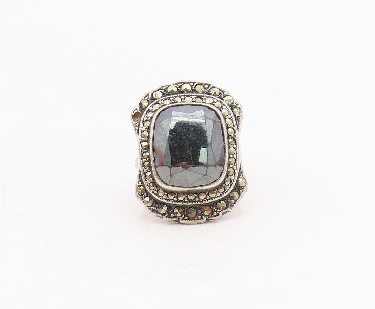 925 Sterling Silver Vintage Ring Dark Tone Victorian Hematite  Sz 3.5  RG31718
