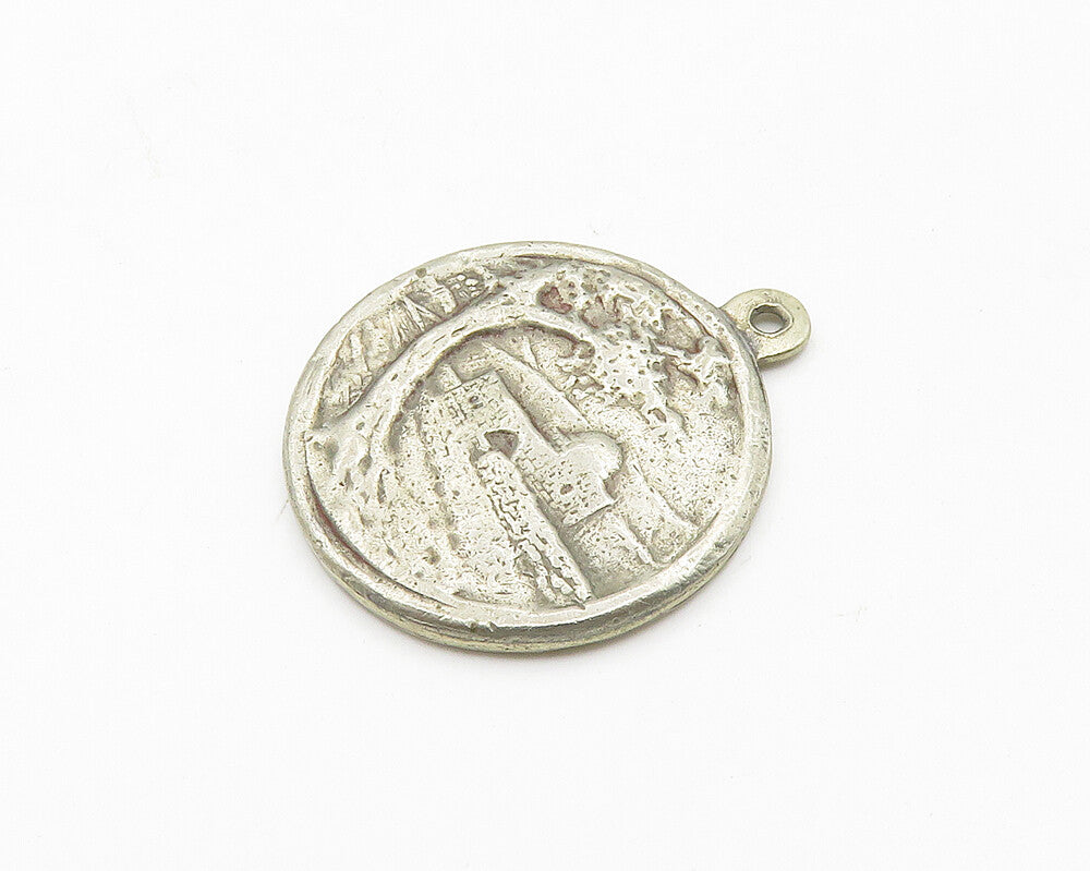 925 Sterling Silver  Vintage Antique Western Wall Scene Round Pendant  PT14633
