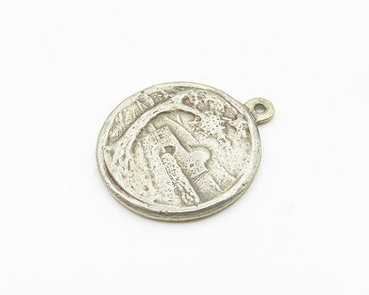 925 Sterling Silver  Vintage Antique Western Wall Scene Round Pendant  PT14633